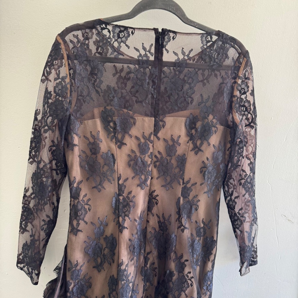 Victor Costa Black Lace Long Sleeve Tiered Mini Dress over Nude Slip - Picture 6 of 14